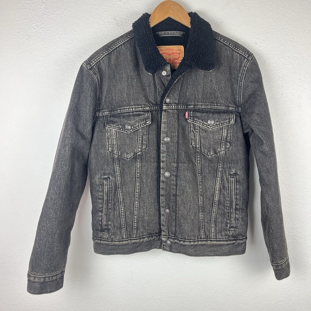 Levis Men's Small Gray Black Denim Sherpa Lined Trucker Jacket 90s